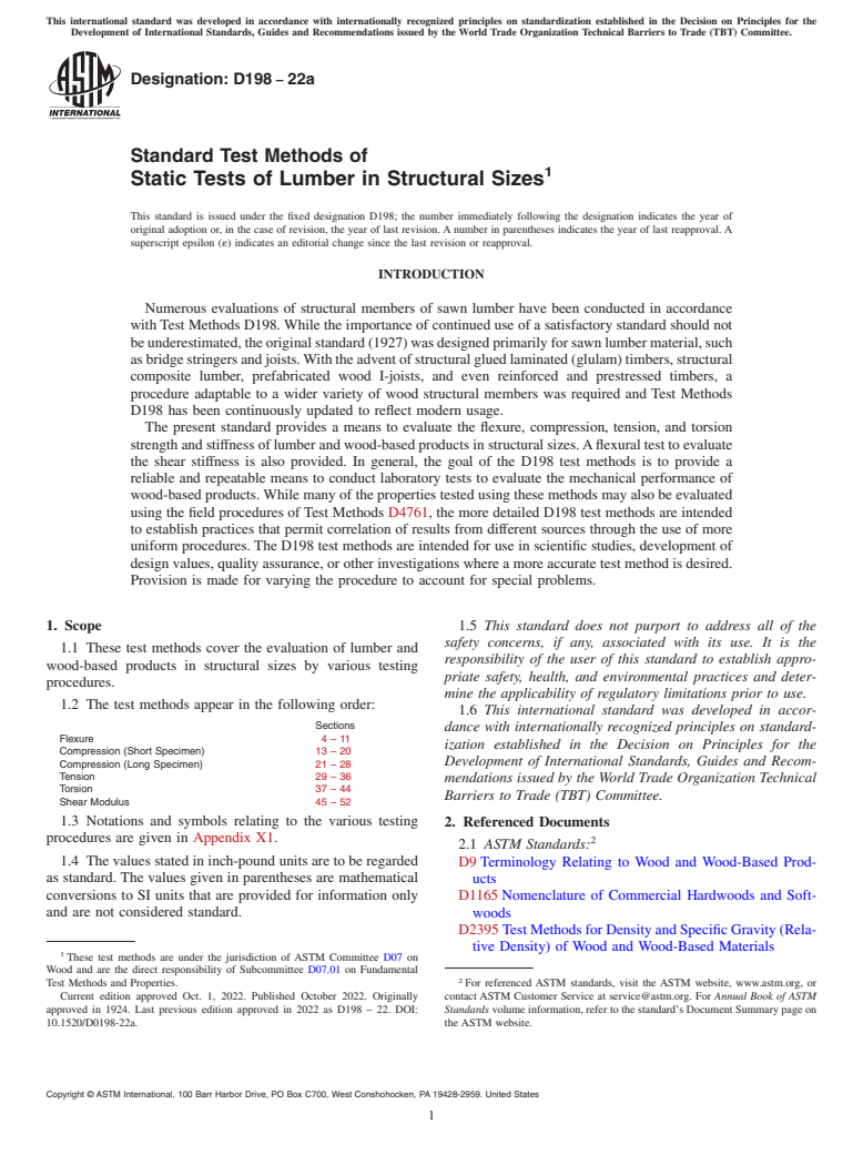 ASTM D198-22a - Standard Test Methods of  Static Tests of Lumber in Structural Sizes