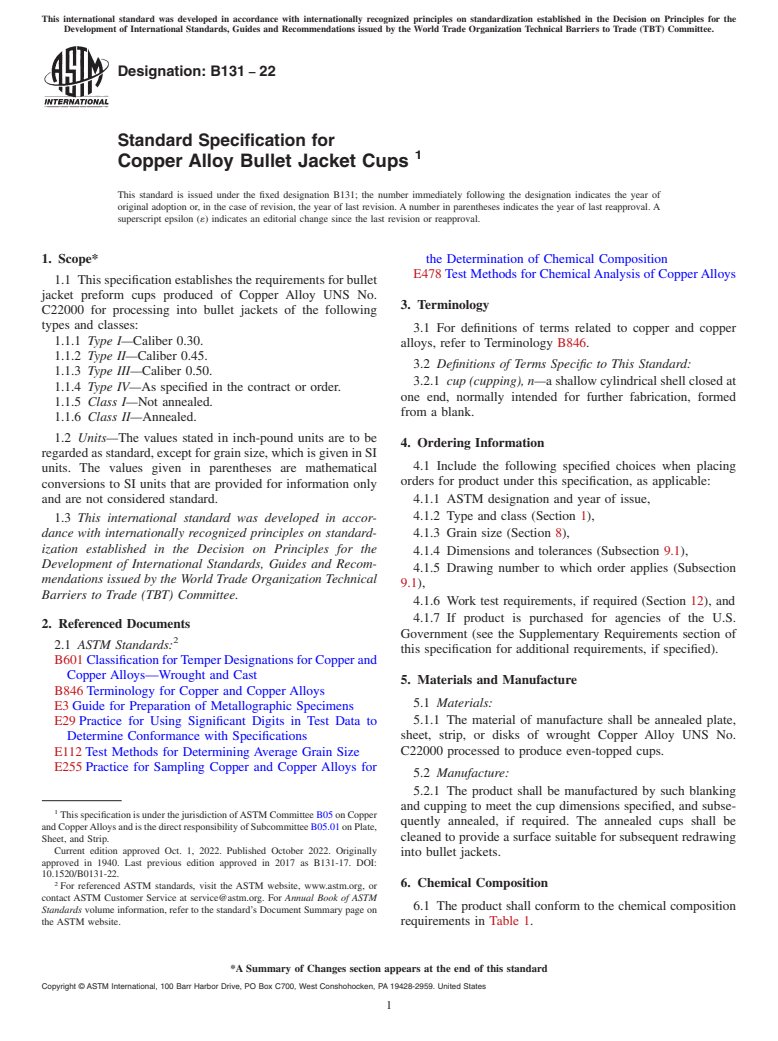ASTM B131-22 - Standard Specification for Copper Alloy Bullet Jacket Cups