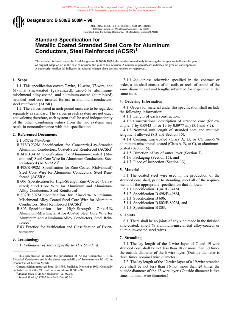 ASTM B500/B500M-98 - Standard Specification for Metallic Coated Stranded Steel Core for Aluminum Conductors, Steel Reinforced (ACSR)