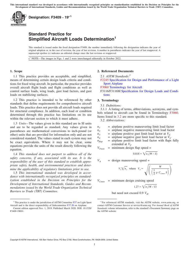 ASTM F3409-19e1 - Standard Practice for Simplified Aircraft Loads Determination