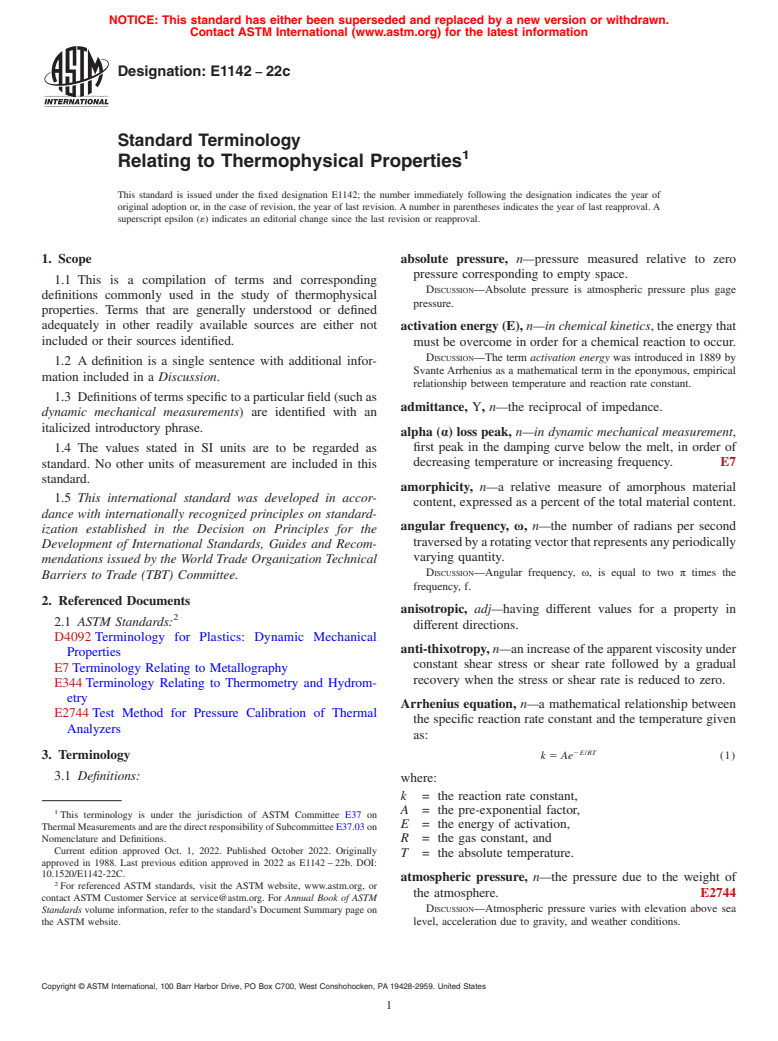 ASTM E1142-22c - Standard Terminology  Relating to Thermophysical Properties
