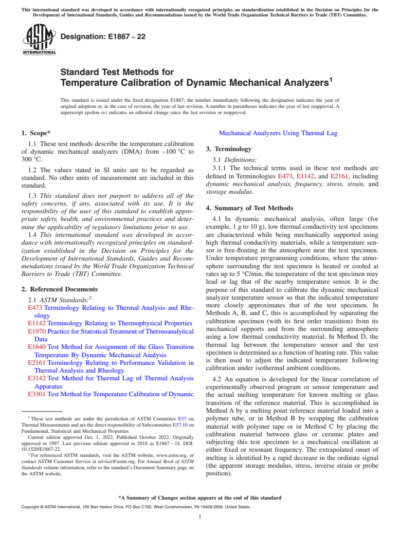 ASTM E1867-22 - Standard Test Methods for  Temperature Calibration of Dynamic Mechanical Analyzers