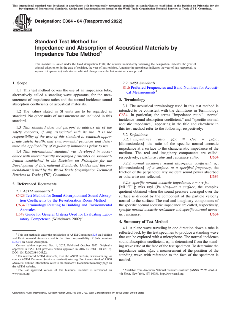 ASTM C384-04(2022) - Standard Test Method for  Impedance and Absorption of Acoustical Materials by Impedance  Tube Method