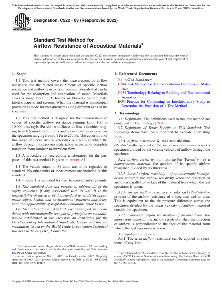 ASTM C522-03(2022) - Standard Test Method for  Airflow Resistance of Acoustical Materials