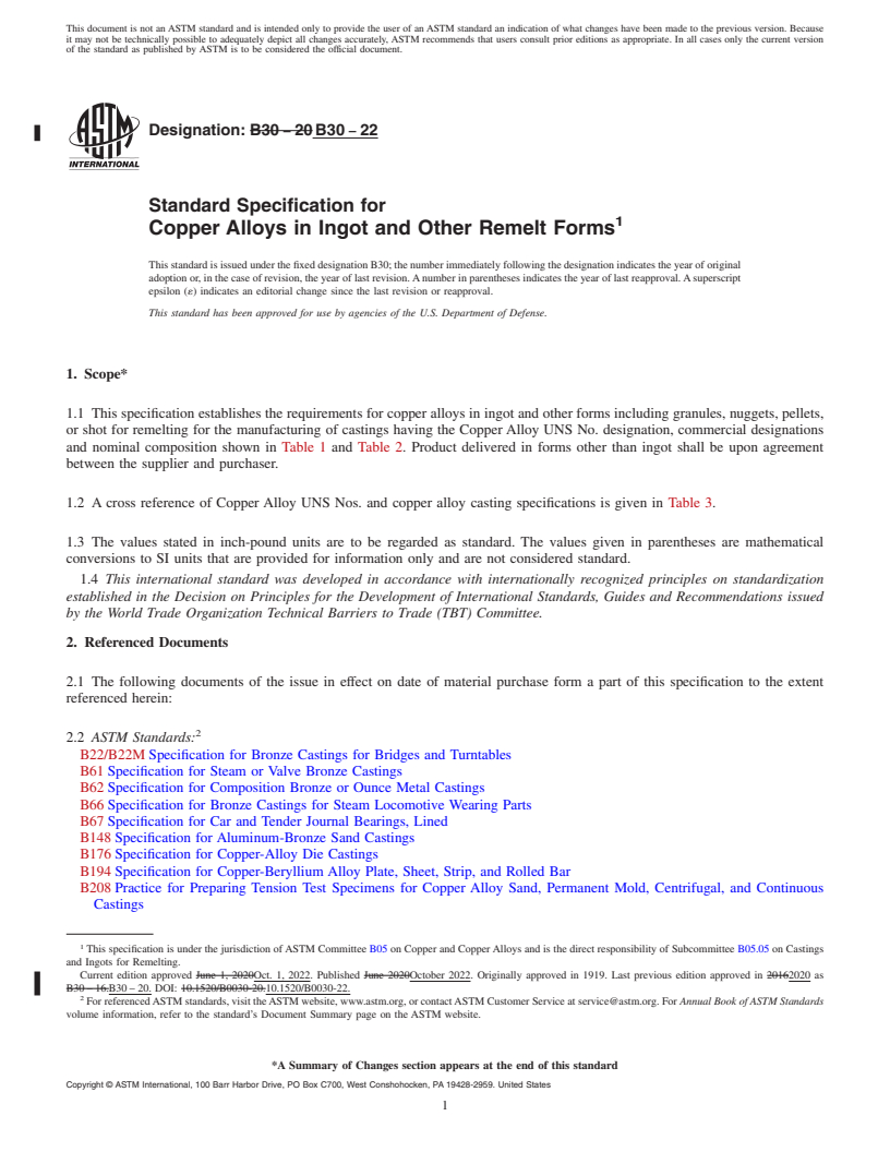 REDLINE ASTM B30-22 - Standard Specification for Copper Alloys in Ingot and Other Remelt Forms