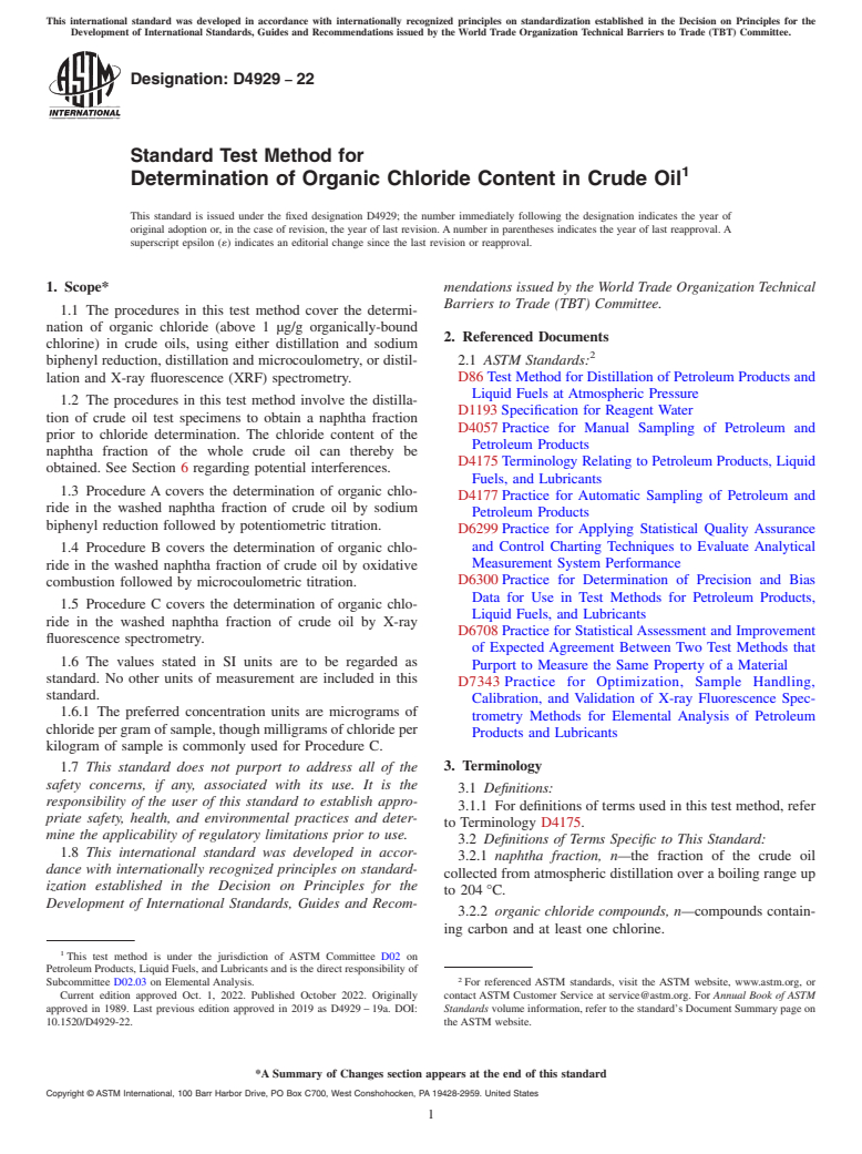 ASTM D4929-22 - Standard Test Method for  Determination of Organic Chloride Content in Crude Oil