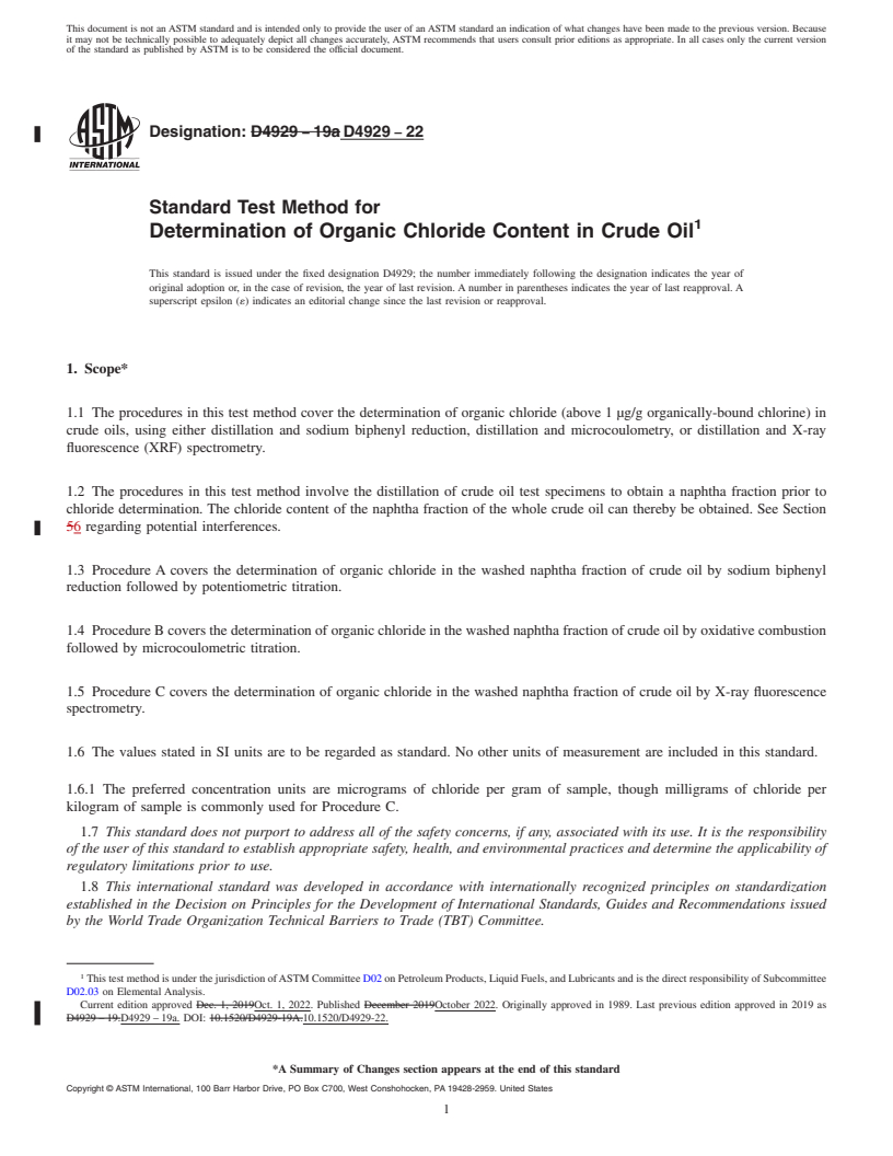 REDLINE ASTM D4929-22 - Standard Test Method for  Determination of Organic Chloride Content in Crude Oil