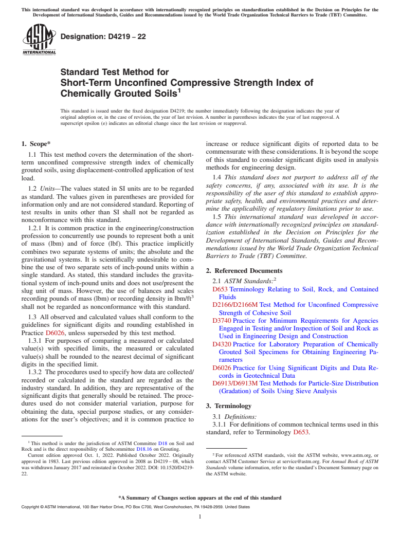 ASTM D4219-22 - Standard Test Method for Short-Term Unconfined Compressive Strength Index of Chemically  Grouted Soils