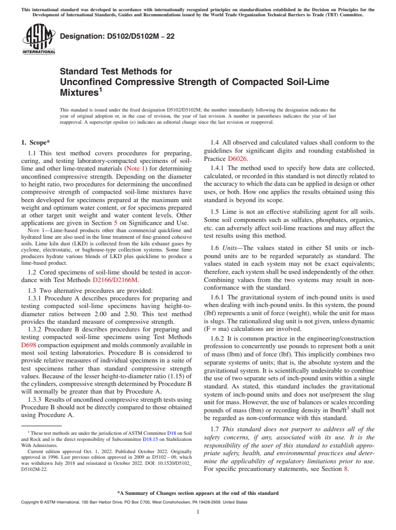 ASTM D5102/D5102M-22 - Standard Test Methods for Unconfined Compressive Strength of Compacted Soil-Lime Mixtures