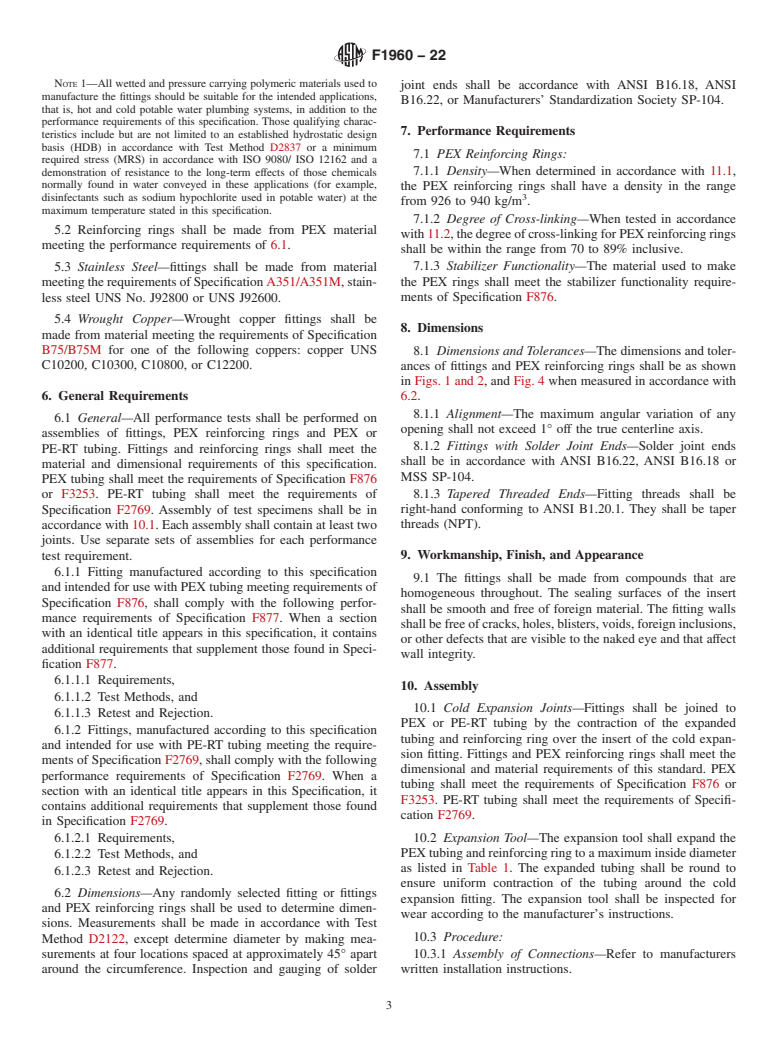 ASTM F1960-22 - Standard Specification for  Cold Expansion Fittings with PEX Reinforcing Rings for Use   with Cross-linked Polyethylene (PEX) and Polyethylene of Raised Temperature  (PE-RT) Tubing