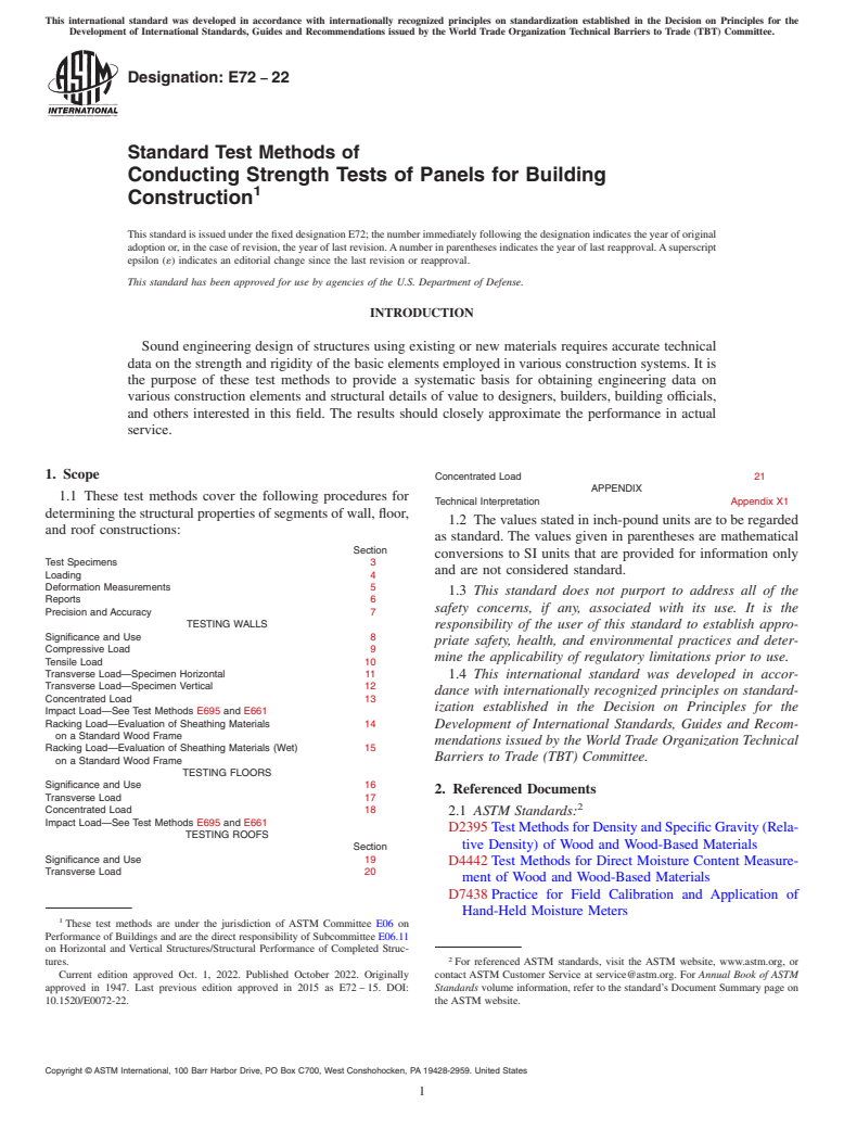 ASTM E72-22 - Standard Test Methods of Conducting Strength Tests of Panels for Building Construction