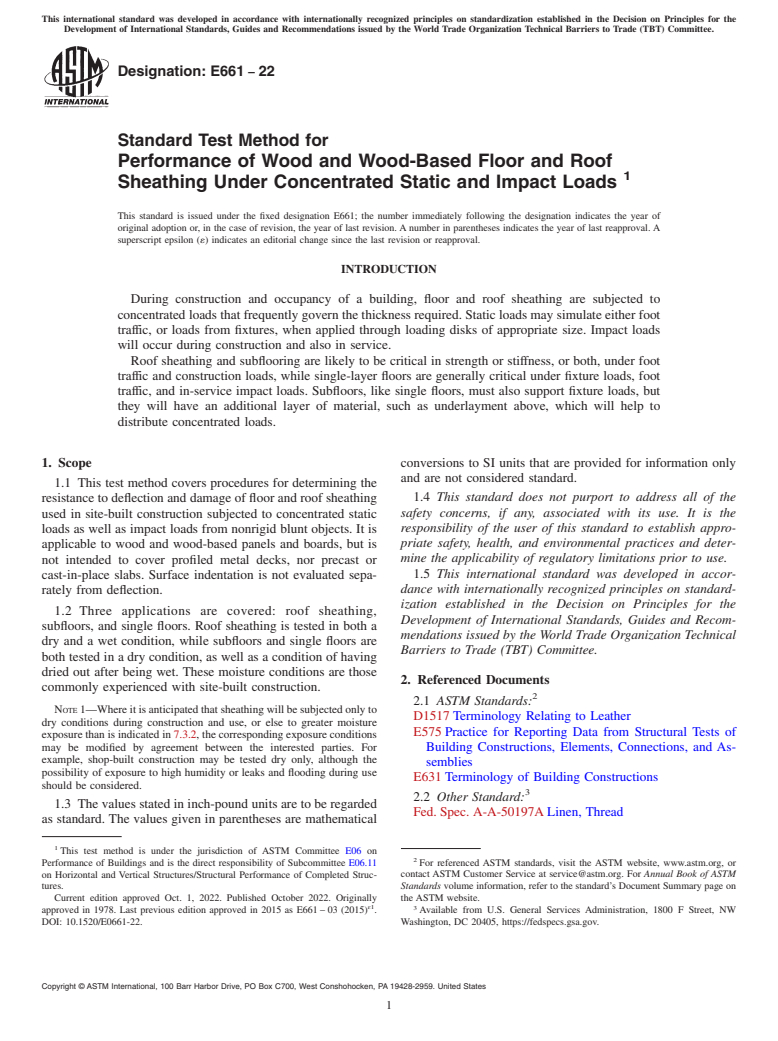 ASTM E661-22 - Standard Test Method for Performance of Wood and Wood-Based Floor and Roof Sheathing  Under Concentrated Static and Impact Loads