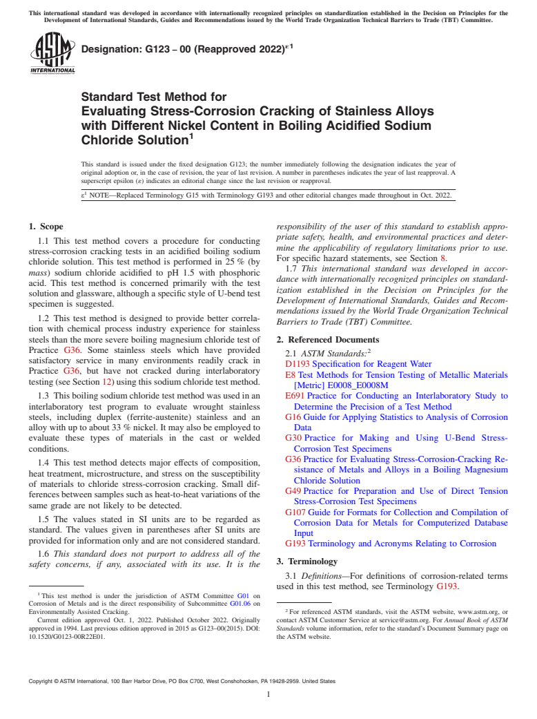 ASTM G123-00(2022)e1 - Standard Test Method for Evaluating Stress-Corrosion Cracking of Stainless Alloys with  Different Nickel Content in Boiling Acidified Sodium Chloride Solution