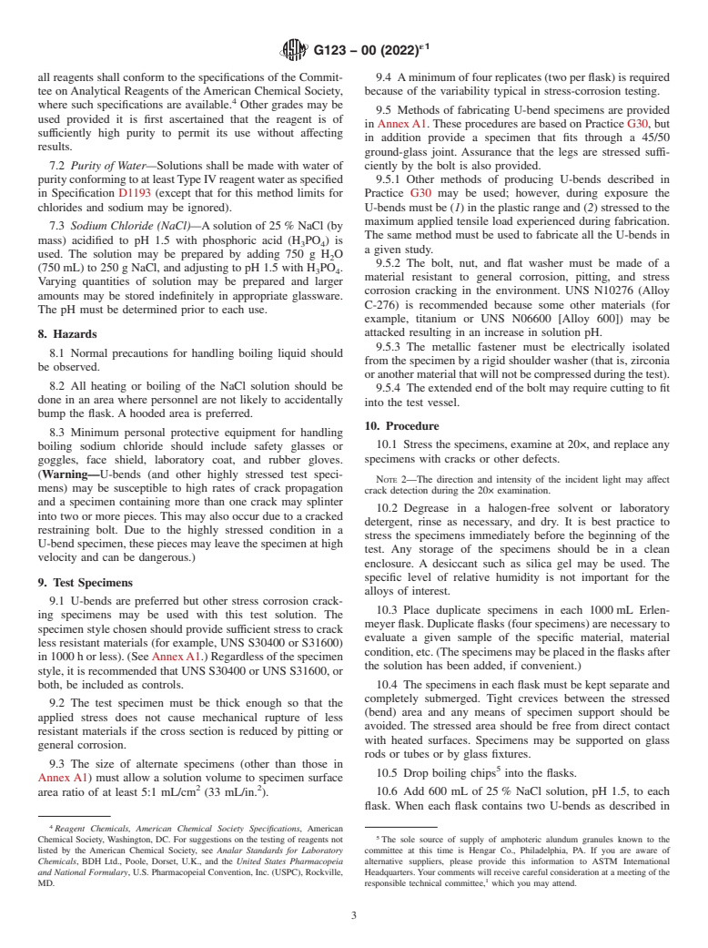 ASTM G123-00(2022)e1 - Standard Test Method for Evaluating Stress-Corrosion Cracking of Stainless Alloys with  Different Nickel Content in Boiling Acidified Sodium Chloride Solution