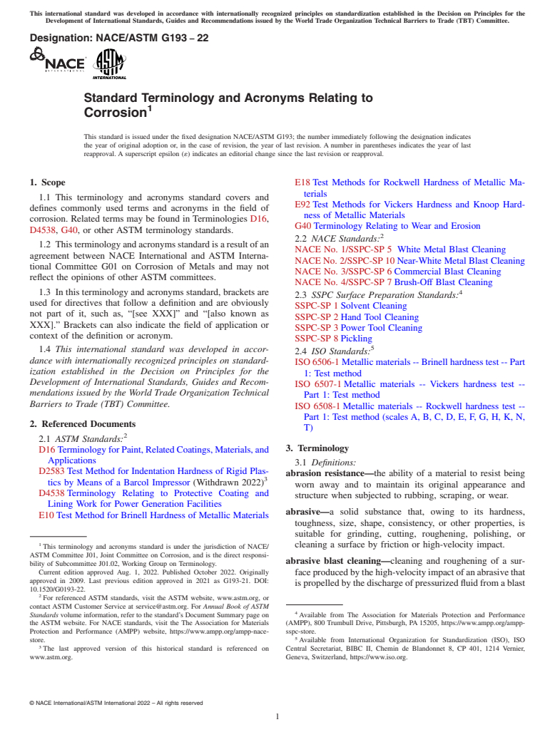 ASTM G193-22 - Standard Terminology and Acronyms Relating to Corrosion