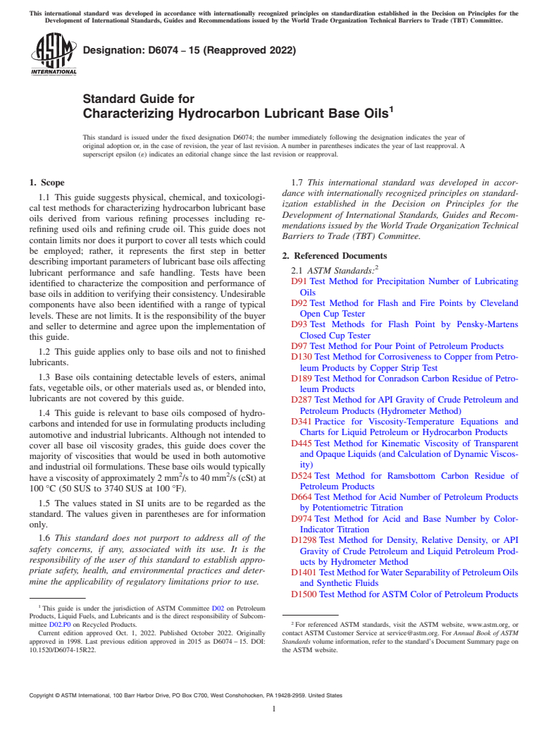 ASTM D6074-15(2022) - Standard Guide for Characterizing Hydrocarbon Lubricant Base Oils