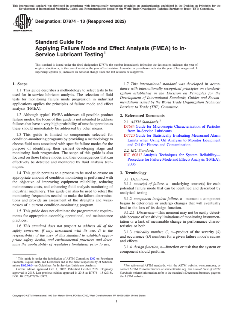 ASTM D7874-13(2022) - Standard Guide for Applying Failure Mode and Effect Analysis (FMEA) to In-Service  Lubricant Testing