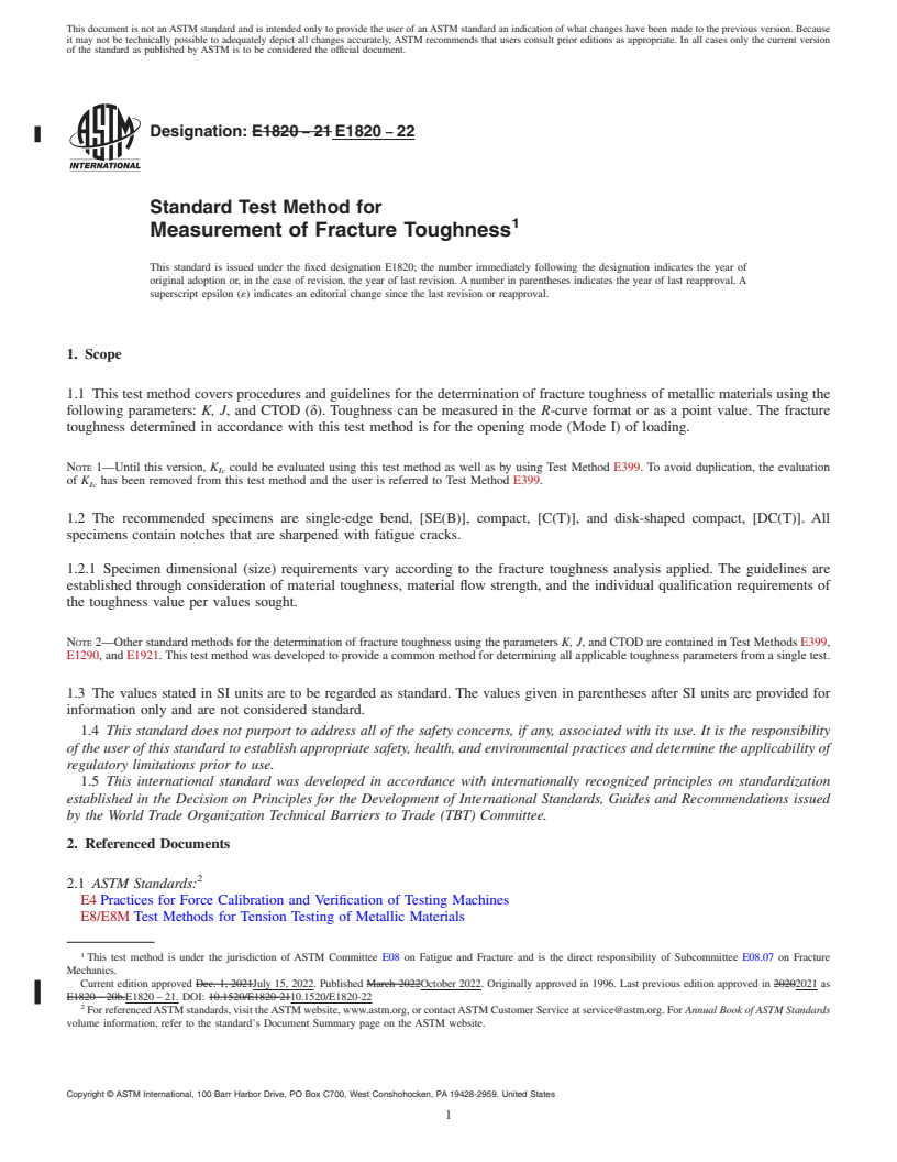 REDLINE ASTM E1820-22 - Standard Test Method for  Measurement of Fracture Toughness