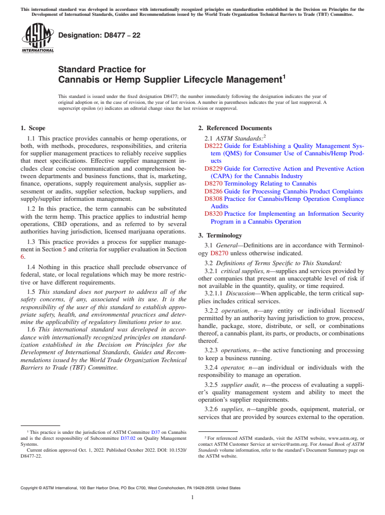 ASTM D8477-22 - Standard Practice for Cannabis or Hemp Supplier Lifecycle Management