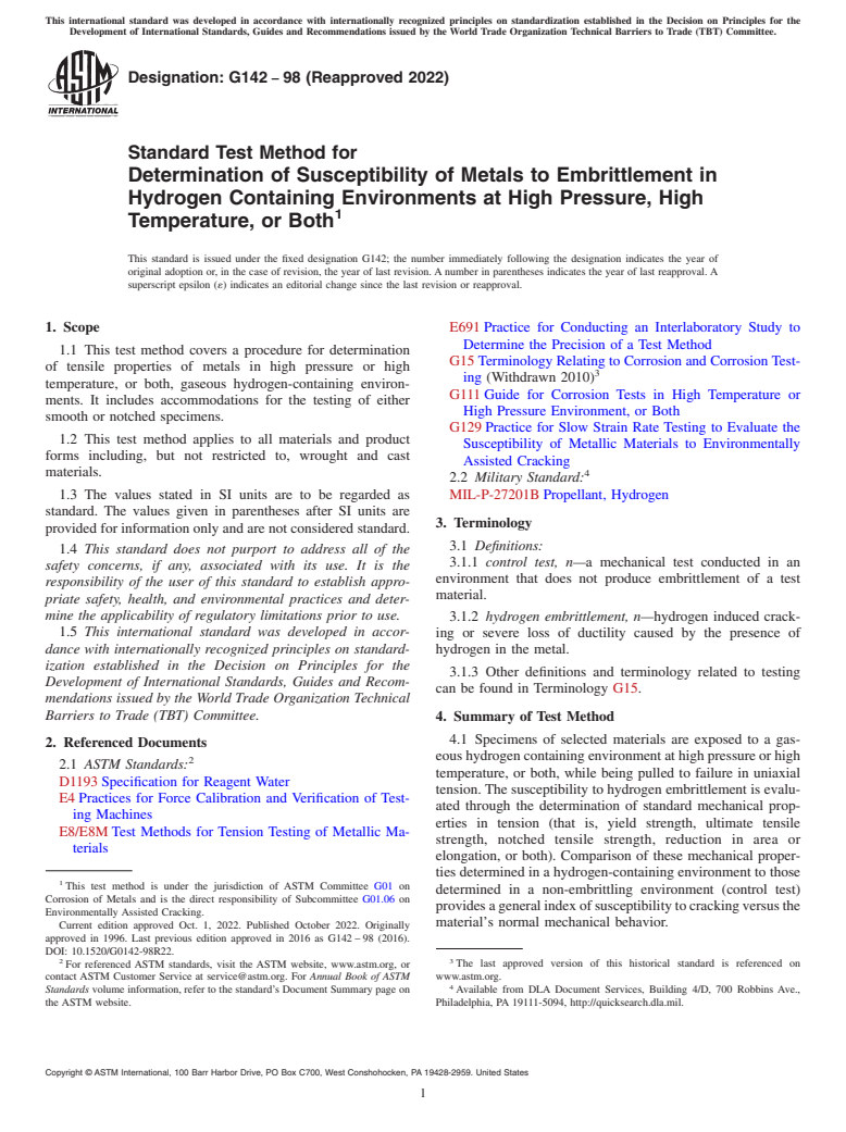 ASTM G142-98(2022) - Standard Test Method for Determination of Susceptibility of Metals to Embrittlement  in Hydrogen Containing Environments at High Pressure, High Temperature,  or Both