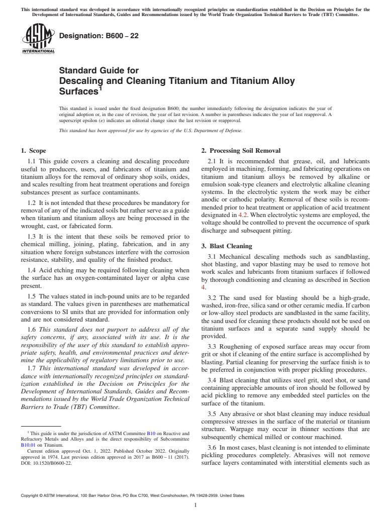 ASTM B600-22 - Standard Guide for  Descaling and Cleaning Titanium and Titanium Alloy Surfaces