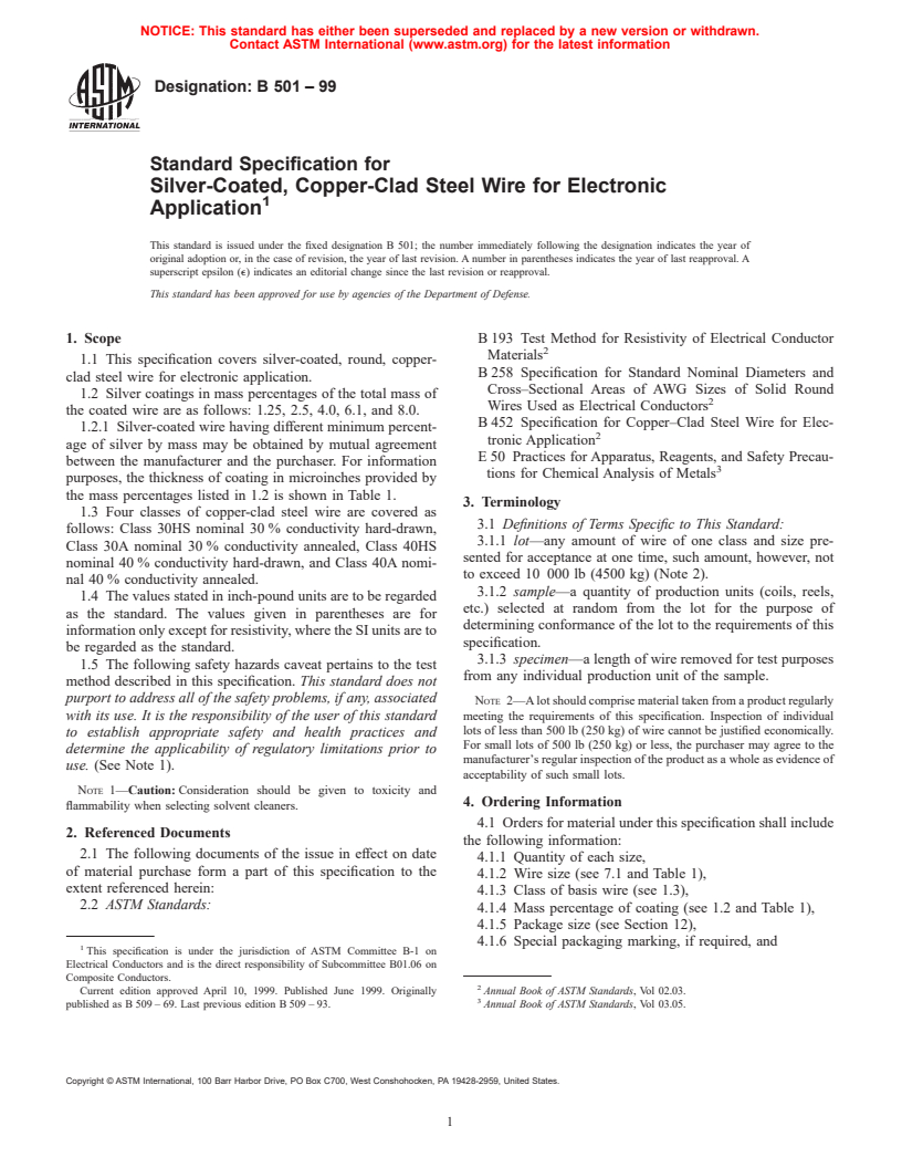 ASTM B501-99 - Standard Specification for Silver-Coated, Copper-Clad Steel Wire for Electronic Application