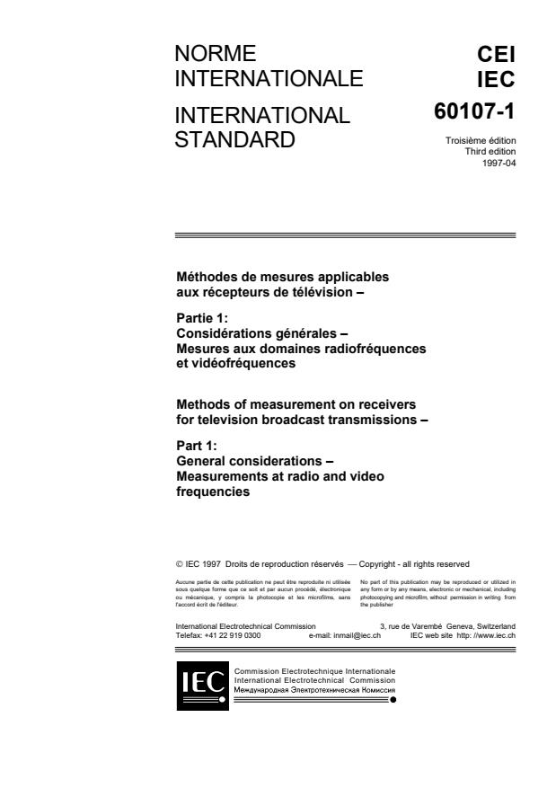IEC 60107-1:1997 - Methods of measurement on receivers for television broadcast transmissions - Part 1: General considerations - Measurements at radio and video frequencies