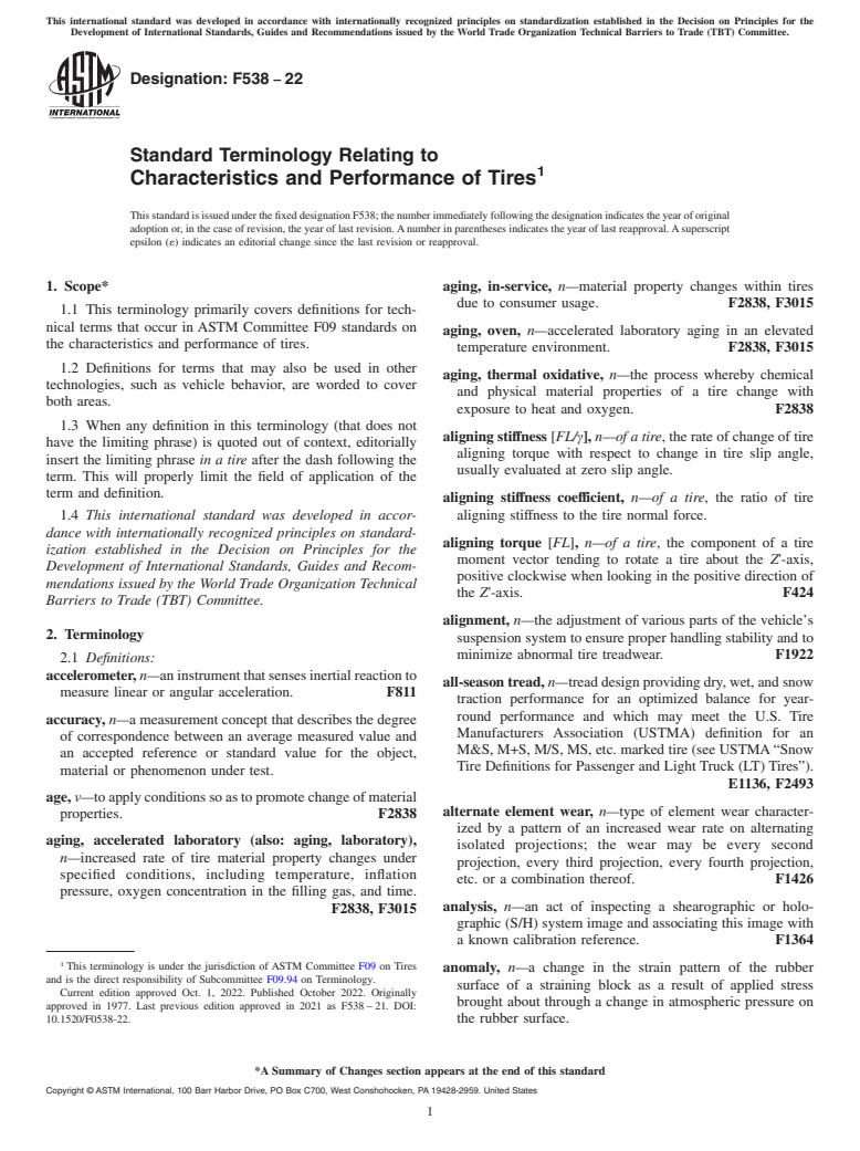 ASTM F538-22 - Standard Terminology Relating to Characteristics and Performance of Tires