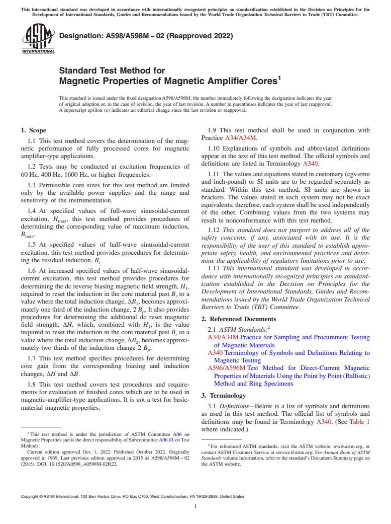 ASTM A598/A598M-02(2022) - Standard Test Method for Magnetic Properties of Magnetic Amplifier Cores