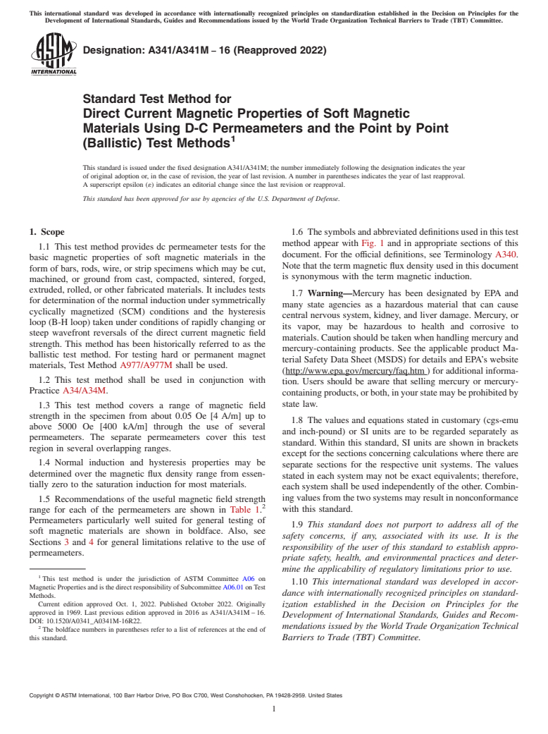 ASTM A341/A341M-16(2022) - Standard Test Method for  Direct Current Magnetic Properties of Soft Magnetic Materials  Using D-C Permeameters and the Point by Point (Ballistic) Test Methods