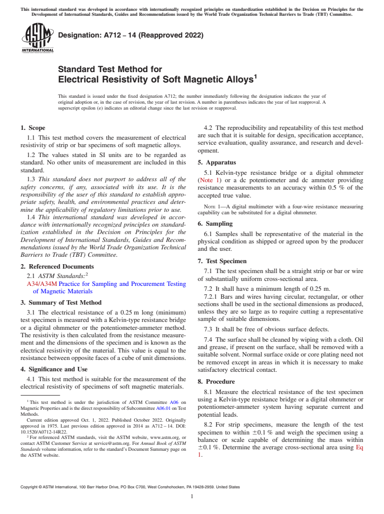 ASTM A712-14(2022) - Standard Test Method for Electrical Resistivity of Soft Magnetic Alloys