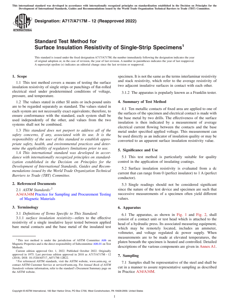 ASTM A717/A717M-12(2022) - Standard Test Method for  Surface Insulation Resistivity of Single-Strip Specimens