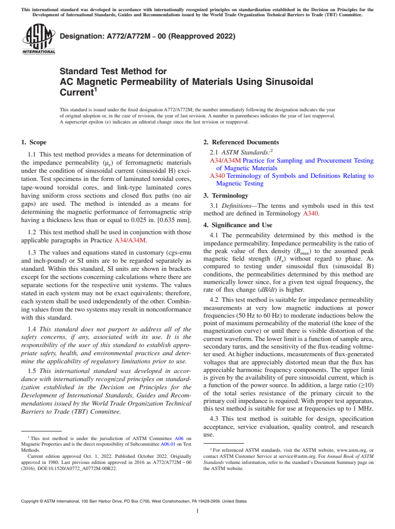 ASTM A772/A772M-00(2022) - Standard Test Method for AC Magnetic Permeability of Materials Using Sinusoidal Current