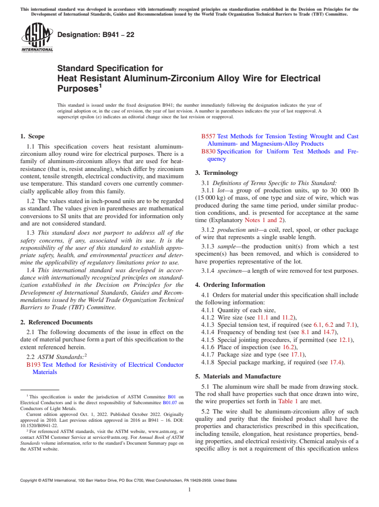 ASTM B941-22 - Standard Specification for Heat Resistant Aluminum-Zirconium Alloy Wire for Electrical   Purposes