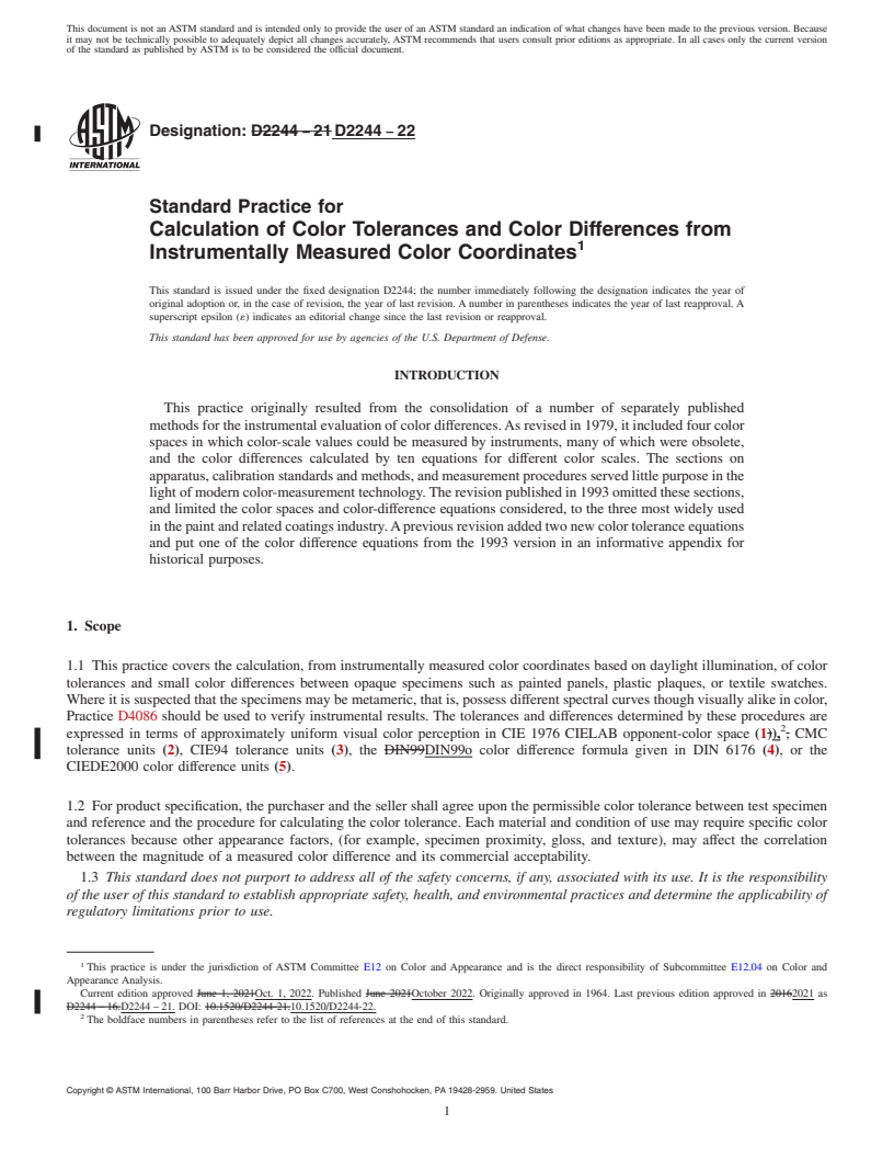 REDLINE ASTM D2244-22 - Standard Practice for Calculation of Color Tolerances and Color Differences from   Instrumentally       Measured Color Coordinates