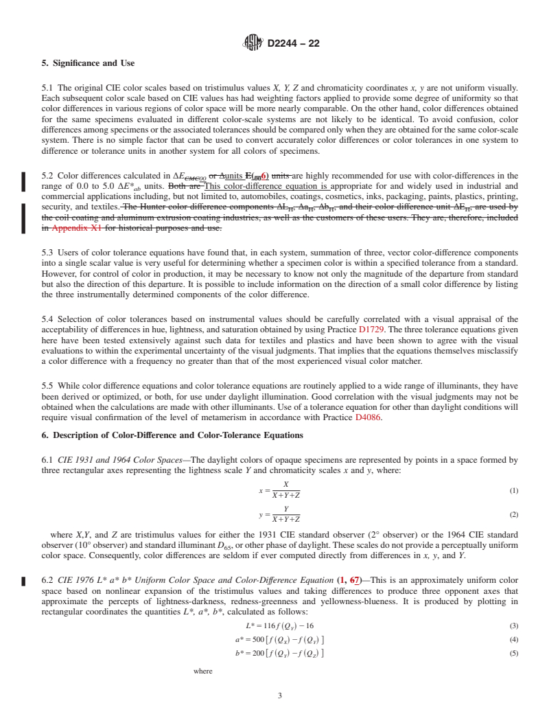 REDLINE ASTM D2244-22 - Standard Practice for Calculation of Color Tolerances and Color Differences from   Instrumentally       Measured Color Coordinates