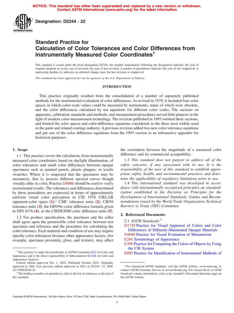 ASTM D2244-22 - Standard Practice for Calculation of Color Tolerances and Color Differences from   Instrumentally       Measured Color Coordinates