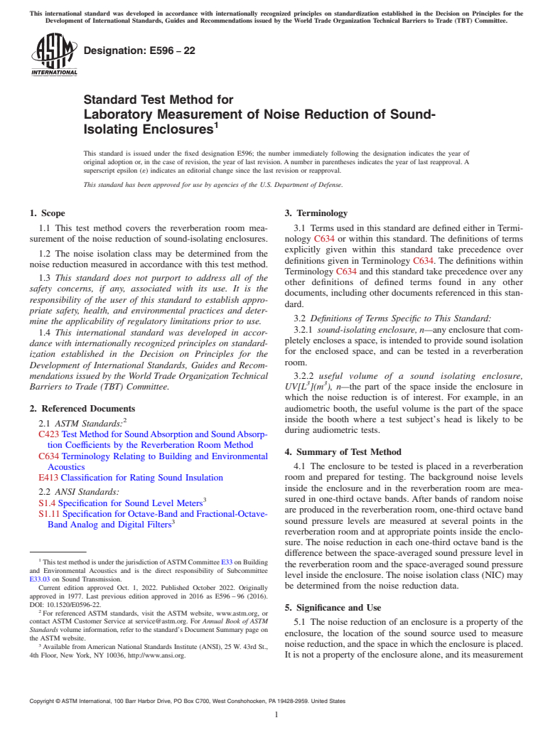 ASTM E596-22 - Standard Test Method for Laboratory Measurement of Noise Reduction of Sound-Isolating  Enclosures