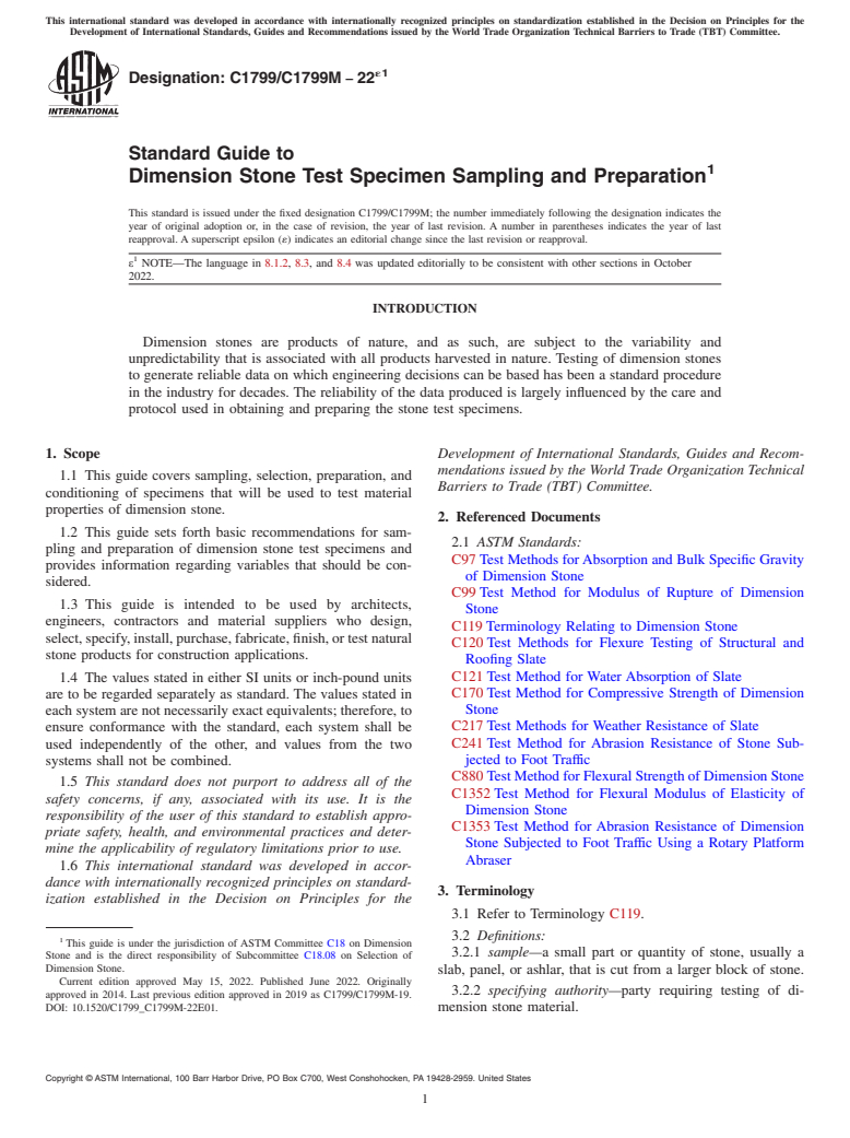ASTM C1799/C1799M-22e1 - Standard Guide to Dimension Stone Test Specimen Sampling and Preparation