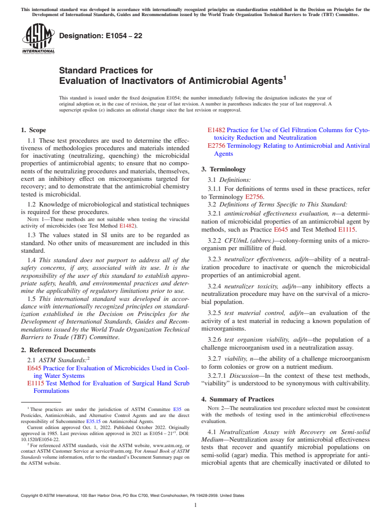 ASTM E1054-22 - Standard Practices for  Evaluation of Inactivators of Antimicrobial Agents