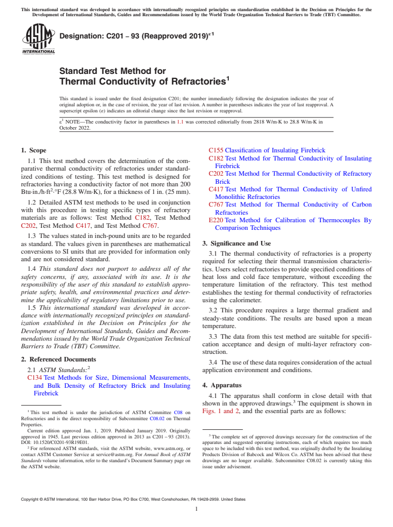 ASTM C201-93(2019)e1 - Standard Test Method for Thermal Conductivity of Refractories