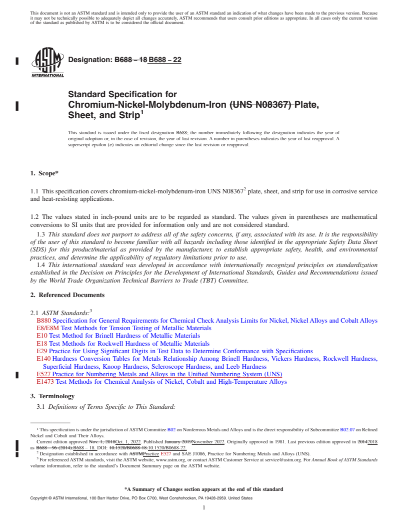 REDLINE ASTM B688-22 - Standard Specification for Chromium-Nickel-Molybdenum-Iron Plate, Sheet, and Strip