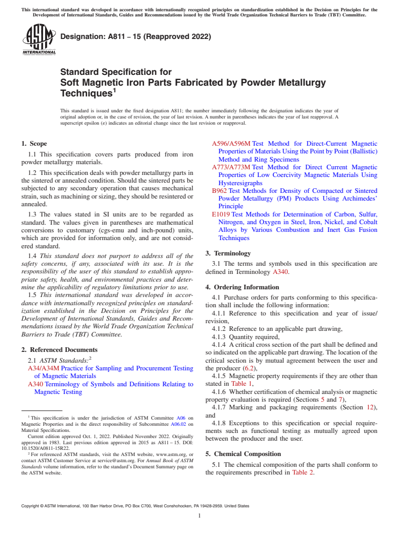 ASTM A811-15(2022) - Standard Specification for  Soft Magnetic Iron Parts Fabricated by Powder Metallurgy Techniques