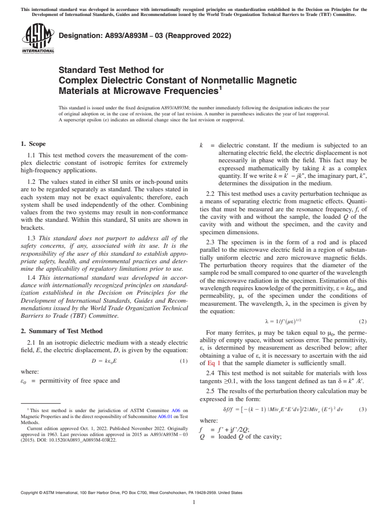 ASTM A893/A893M-03(2022) - Standard Test Method for  Complex Dielectric Constant of Nonmetallic Magnetic Materials  at Microwave Frequencies