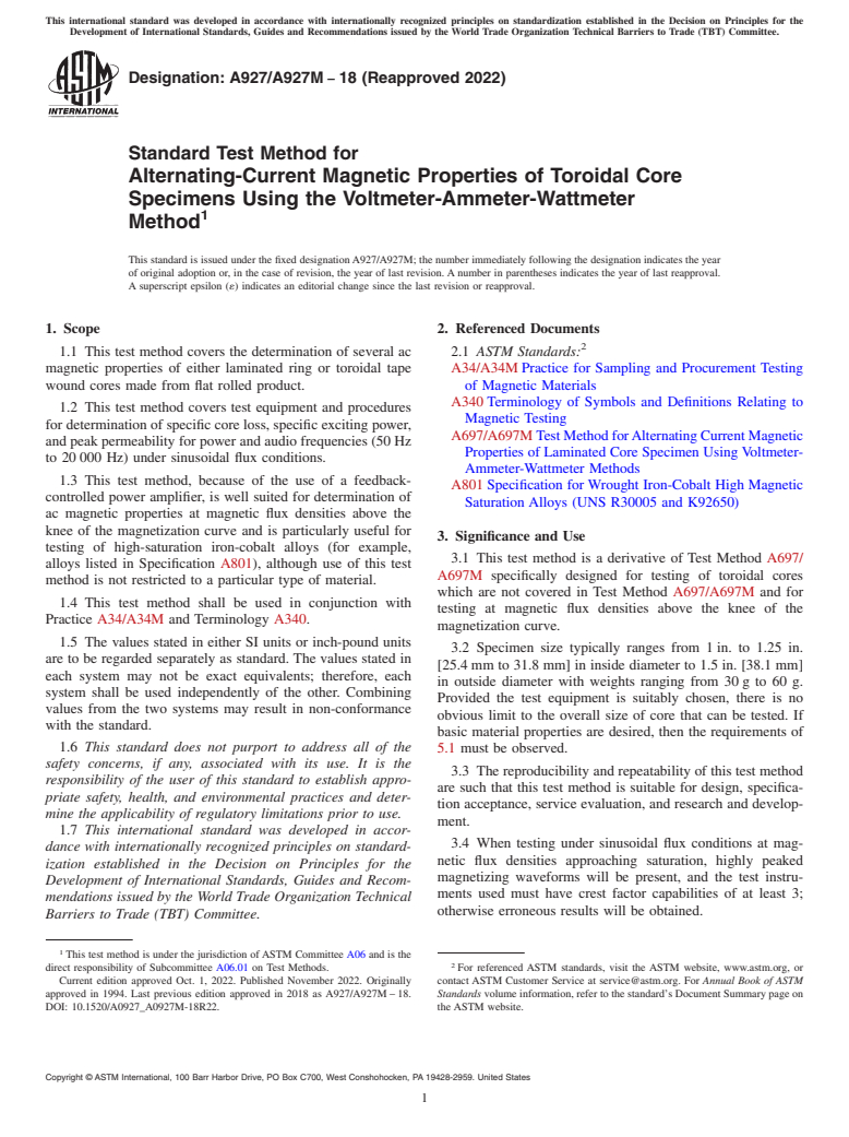 ASTM A927/A927M-18(2022) - Standard Test Method for  Alternating-Current Magnetic Properties of Toroidal Core Specimens   Using the Voltmeter-Ammeter-Wattmeter Method