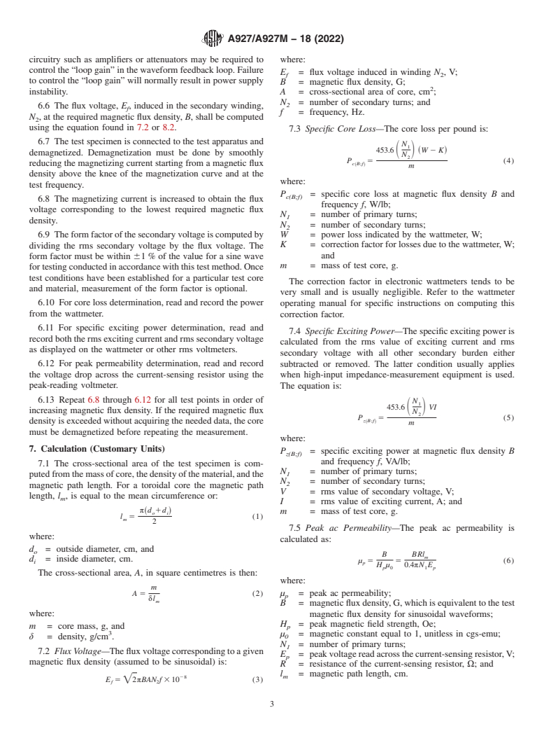 ASTM A927/A927M-18(2022) - Standard Test Method for  Alternating-Current Magnetic Properties of Toroidal Core Specimens   Using the Voltmeter-Ammeter-Wattmeter Method