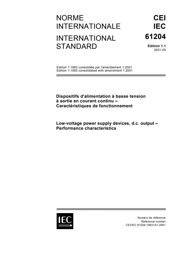 IEC 61204:1993+AMD1:2001 CSV - Low-voltage power supply devices, d.c. output - Performance characteristics