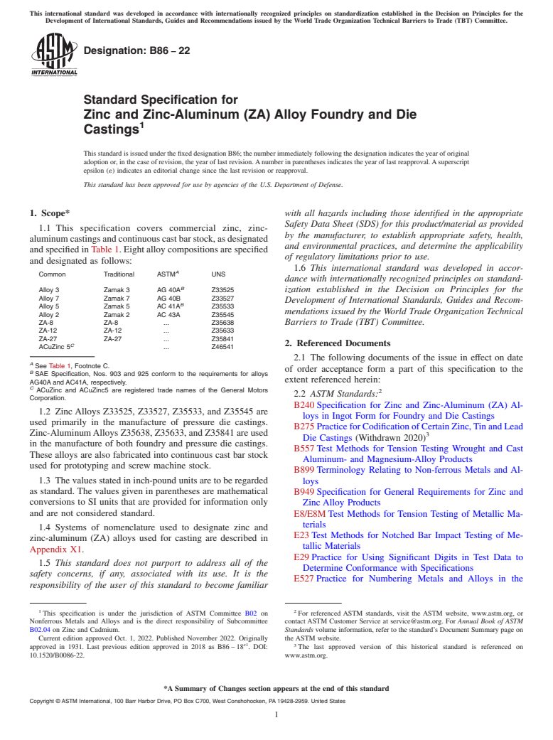 ASTM B86-22 - Standard Specification for Zinc and Zinc-Aluminum (ZA) Alloy Foundry and Die Castings