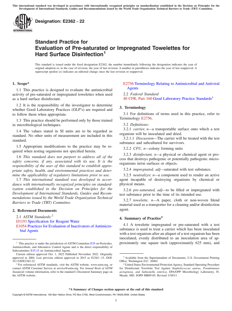 ASTM E2362-22 - Standard Practice for  Evaluation of Pre-saturated or Impregnated Towelettes for Hard  Surface  Disinfection