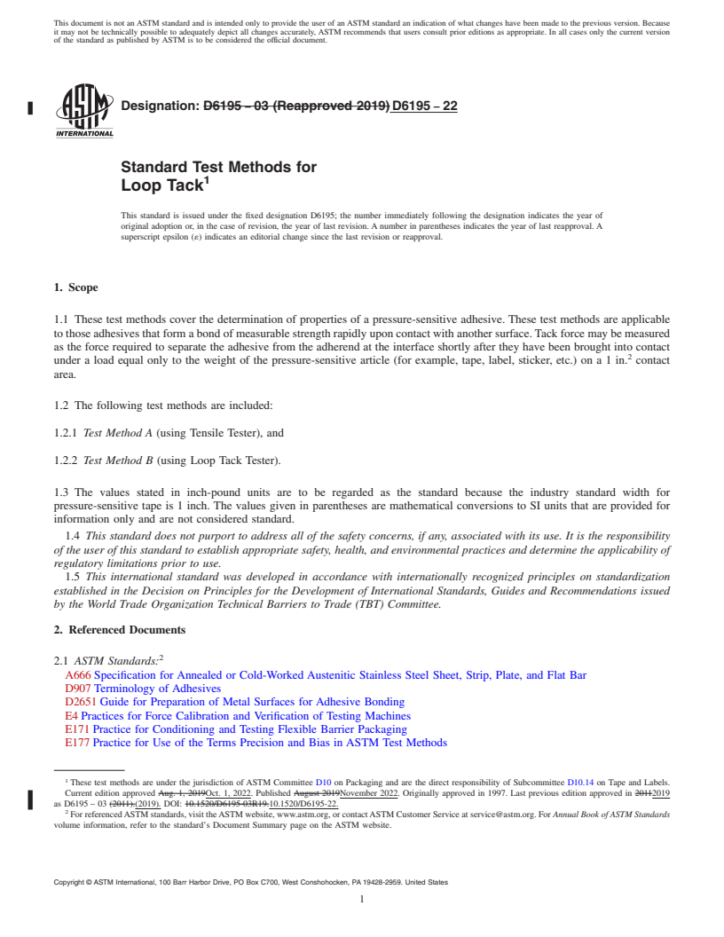 REDLINE ASTM D6195-22 - Standard Test Methods for Loop Tack